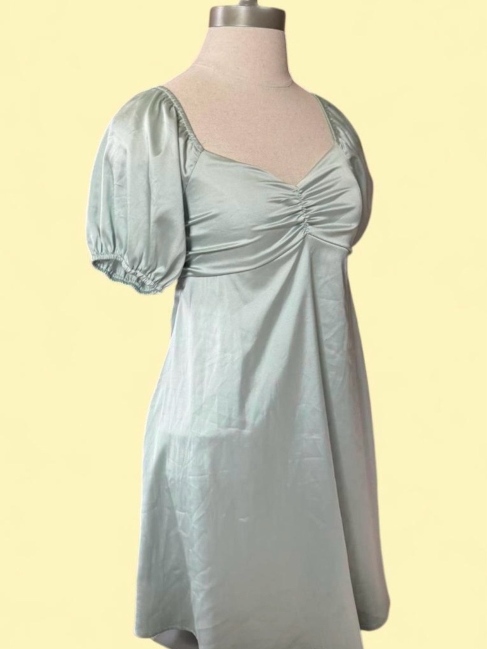 Altar'd State Satin Ruched Bodice Puff Sleeve Dress - Pale Mint Aqua macaroon